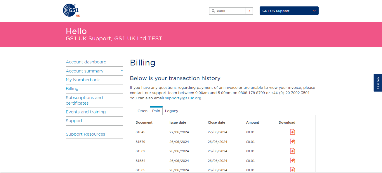 Screenshot of the billing area where you can download invoices