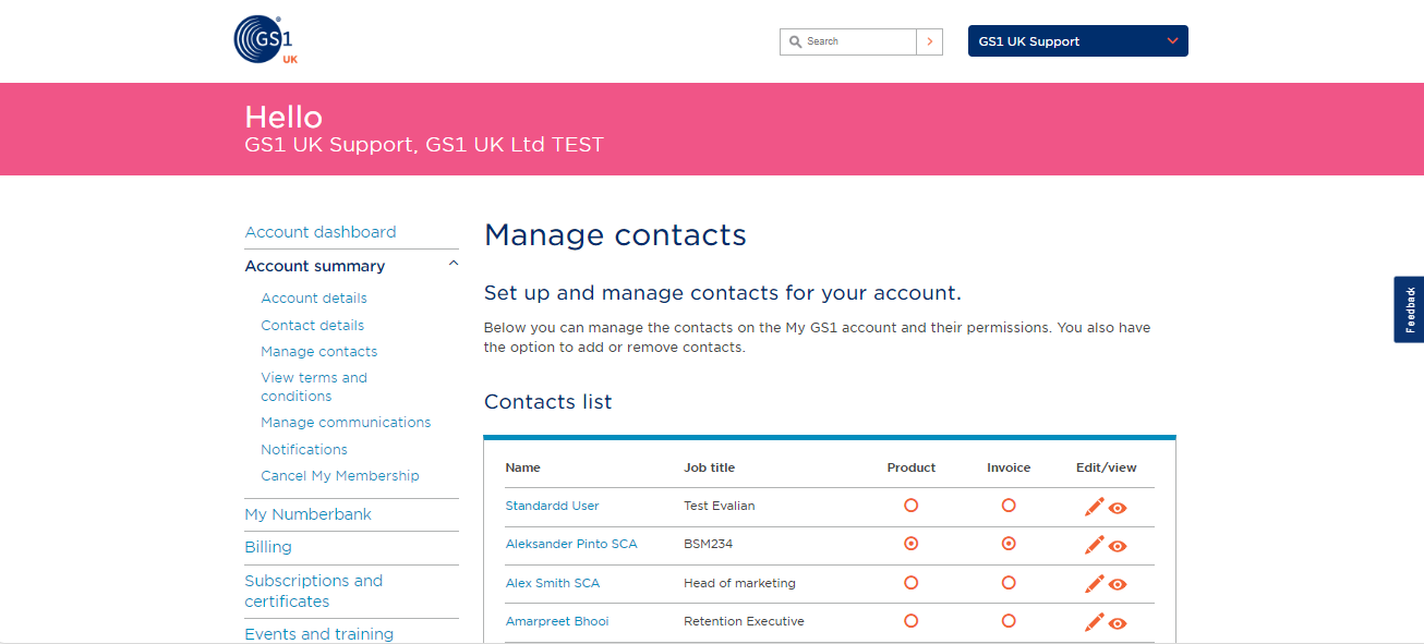 Screenshot showing invoice contact in manage contact area of My GS1