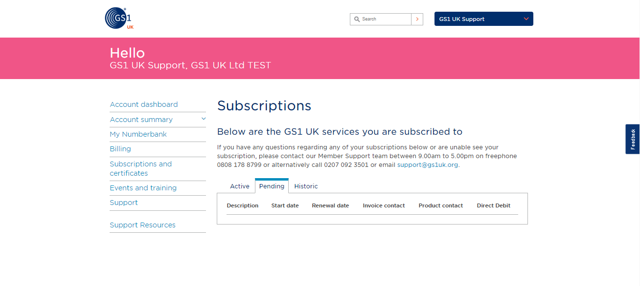 Screenshot of the subscription area detailing pending direct debits